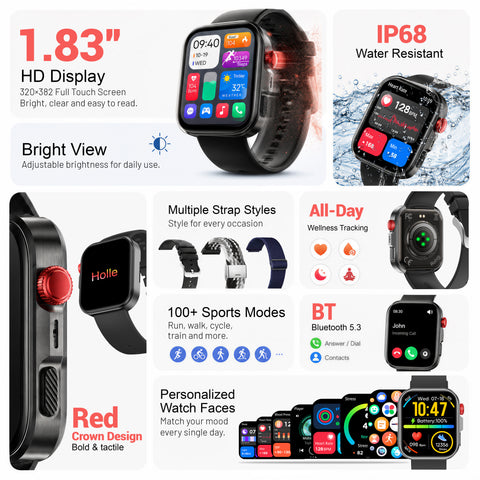 VERVOS LC80 Smart Watch, 1.83" HD Fitness Tracker for Men and Women with Bluetooth Calls, Heart Rate, Sleep and Blood Oxygen Monitoring