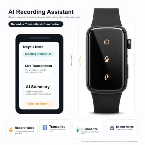 Smart AI Wristband Voice Recorder, No-Screen Bluetooth 5.3 AI Bracelet with ENC Noise Reduction, Meeting Notes, Heart Rate Monitor & Step Tracker