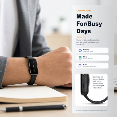 Smart AI Wristband Voice Recorder, No-Screen Bluetooth 5.3 AI Bracelet with ENC Noise Reduction, Meeting Notes, Heart Rate Monitor & Step Tracker