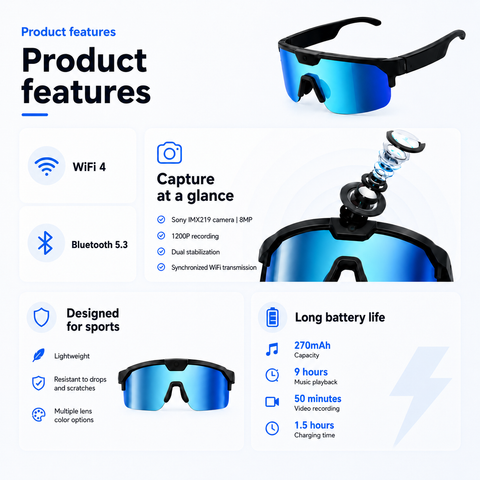 AI Smart Glasses with 30MP Camera, 4K HD Video Recording and Bluetooth Sport Glasses with ChatGPT Voice Real-Time Translation, IP66 UV400 Sunglasses for Baseball, Cycling