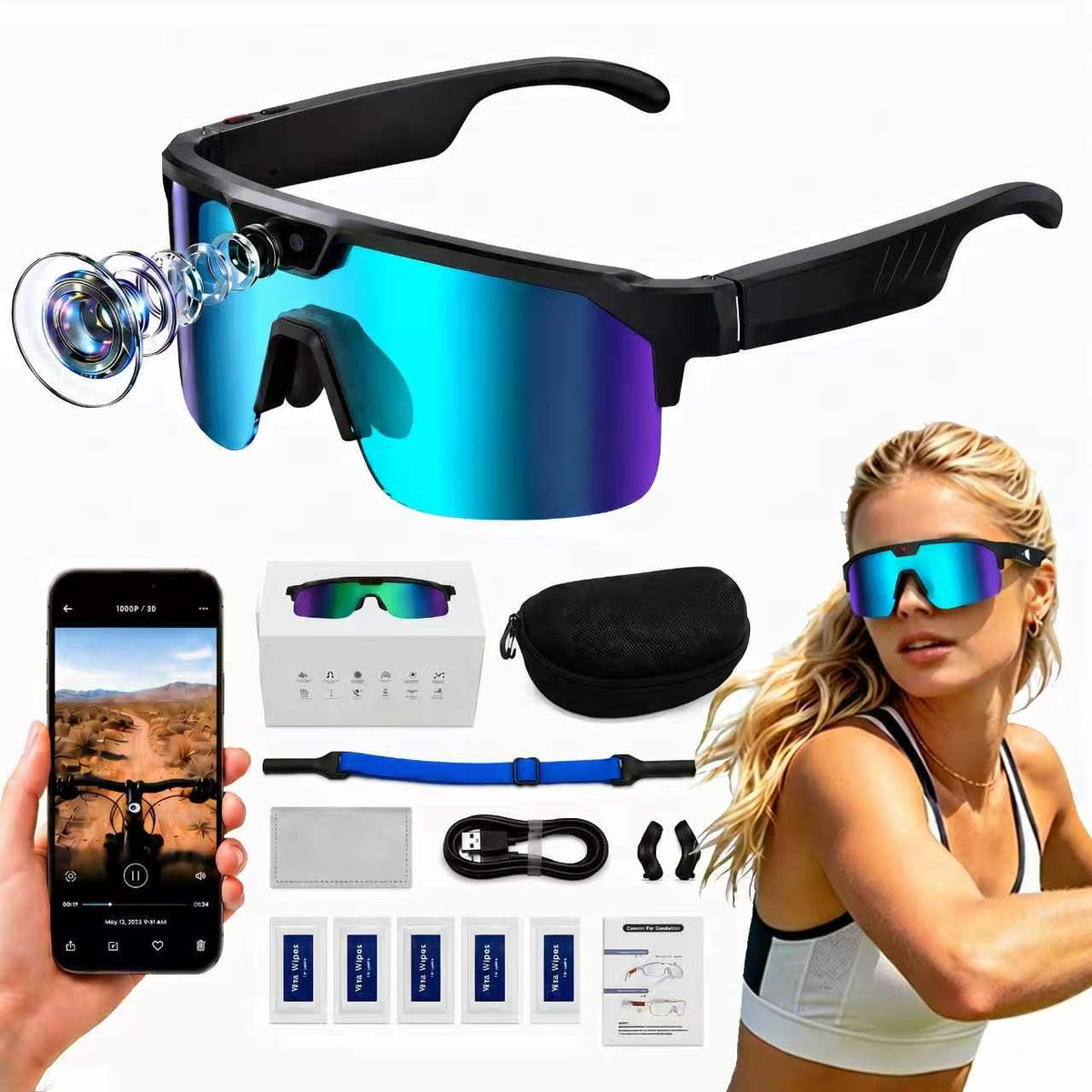 AI Smart Glasses with 30MP Camera, 4K HD Video Recording and Bluetooth Sport Glasses with ChatGPT Voice Real-Time Translation, IP66 UV400 Sunglasses for Baseball, Cycling