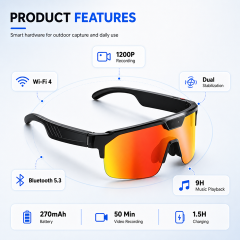 AI Smart Glasses with Camera 4K, Video Recording Glasses with EIS & OIS Stabilization,Polarized Sunglasses,ChatGPT Voice Assistant, 139-Lang Translation,Open Ear Earbuds for Cycling/Skiing/Baseball