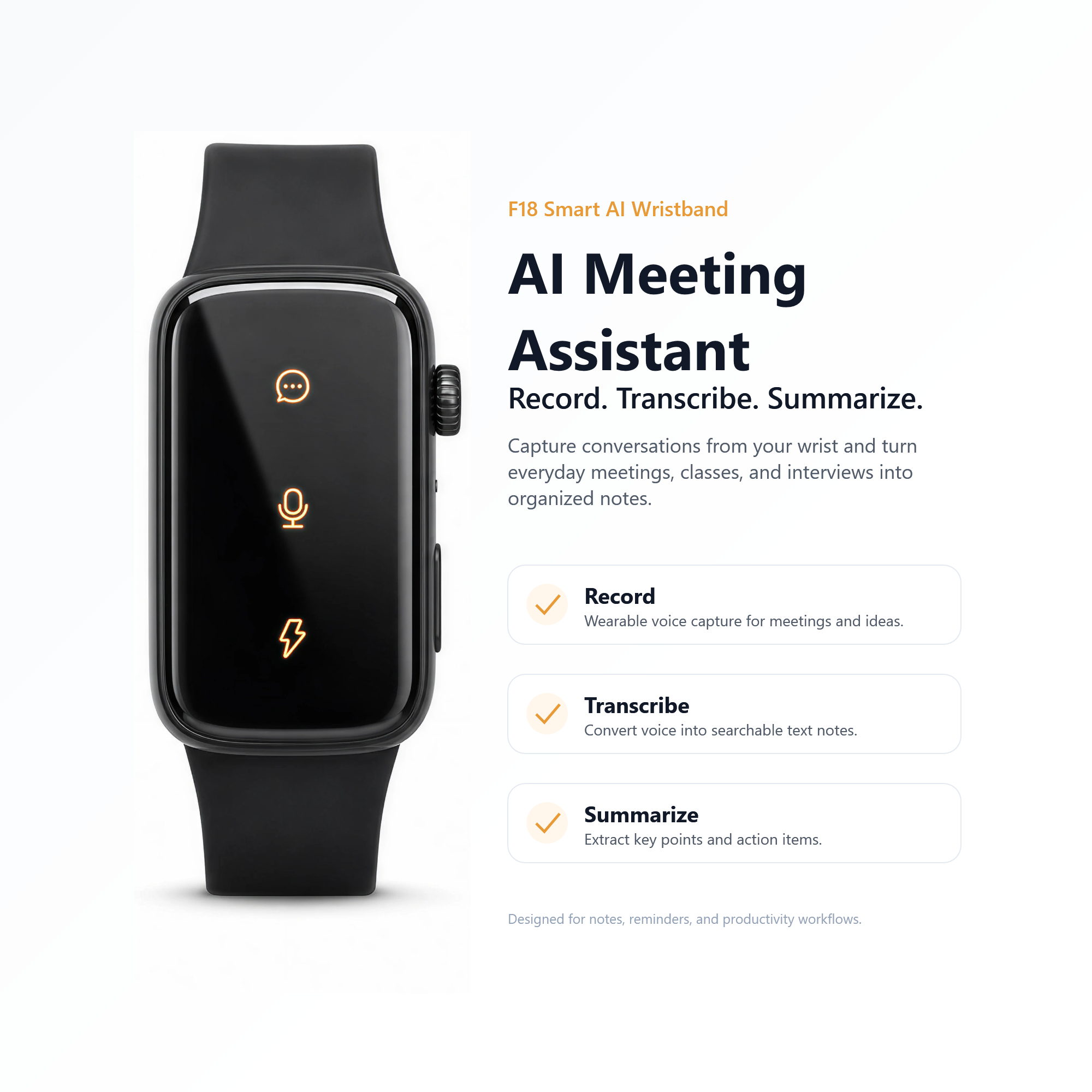 Smart AI Wristband Voice Recorder, No-Screen Bluetooth 5.3 AI Bracelet with ENC Noise Reduction, Meeting Notes, Heart Rate Monitor & Step Tracker