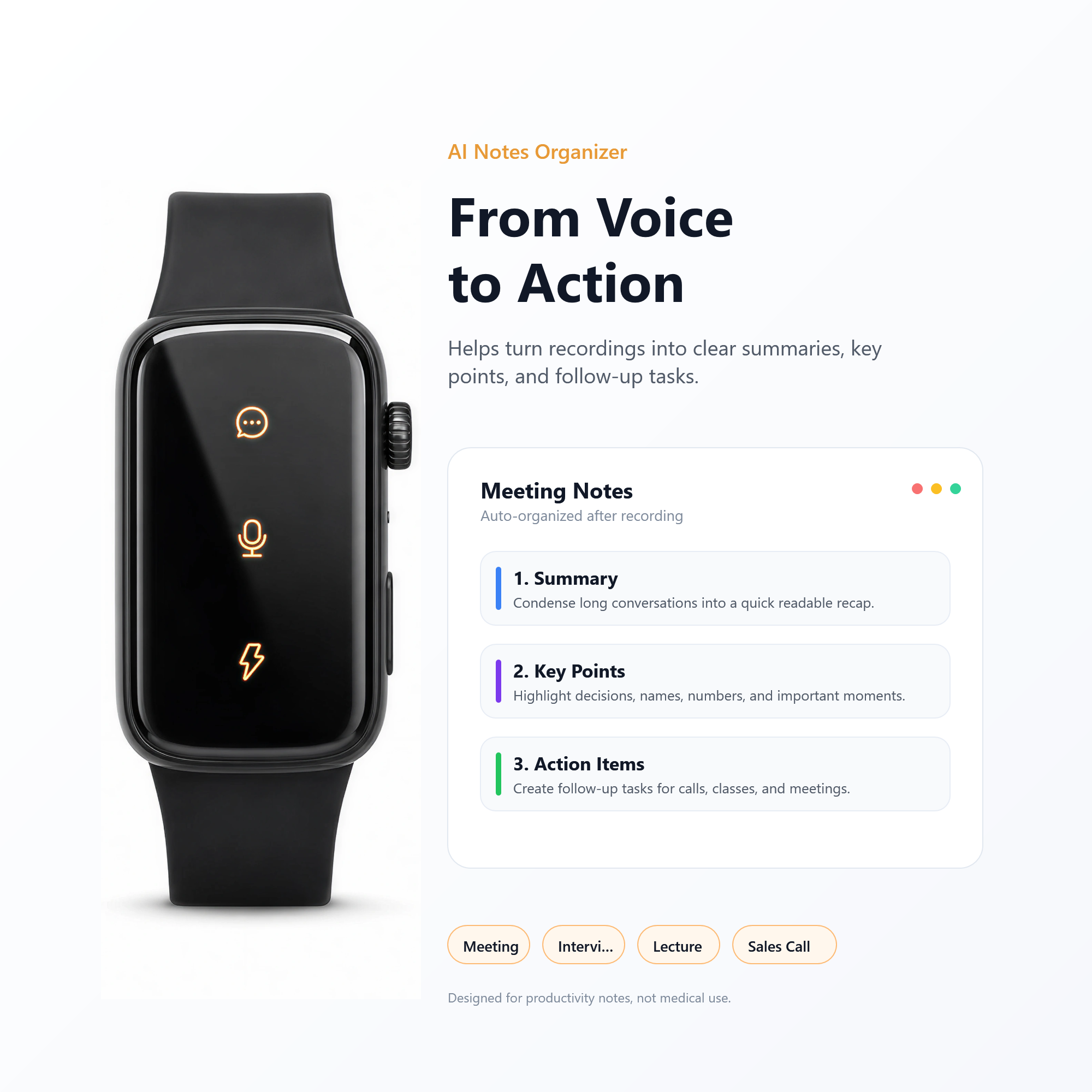 Smart AI Wristband Voice Recorder, No-Screen Bluetooth 5.3 AI Bracelet with ENC Noise Reduction, Meeting Notes, Heart Rate Monitor & Step Tracker